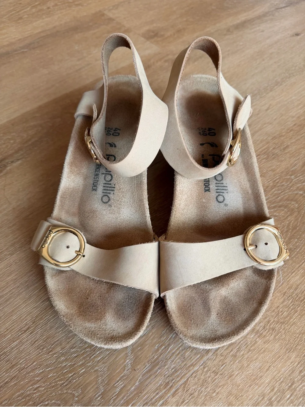 Birkenstock Papillio Soley Cork Wedge Heel Sandal Tan with Gold Buckles